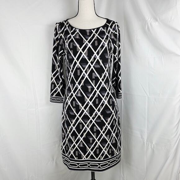 White House Black Market Dress Women S Black White Geometric Print Retro Casual - Picture 1 of 12